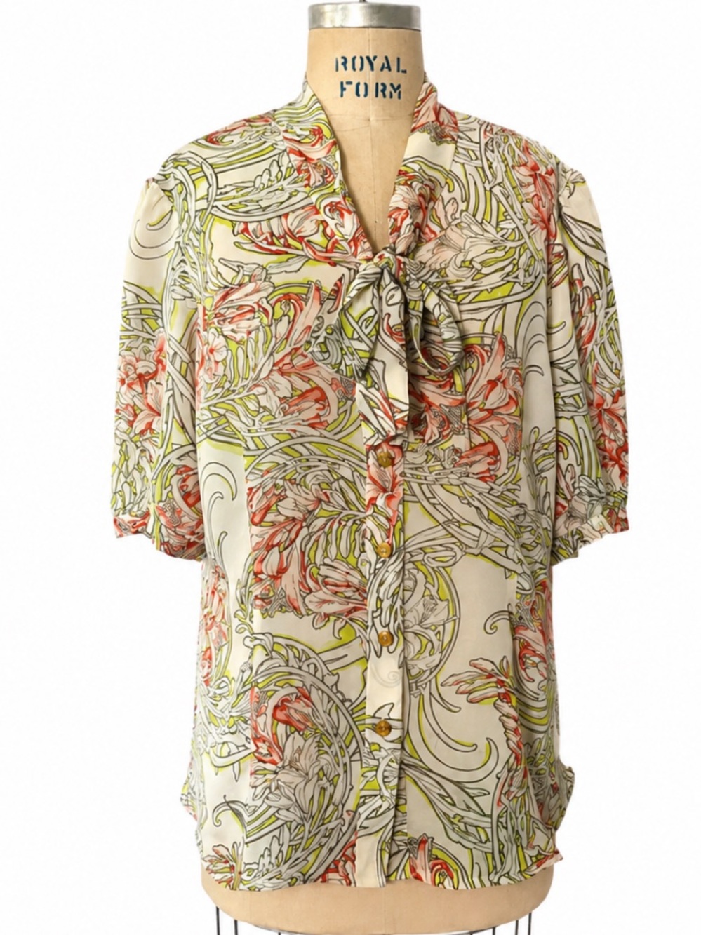 MISS TINA CREAM CORAL GREY YELLOW BOTANICAL SILK SHORT SLEEVE BLOUSE 16 NWOT